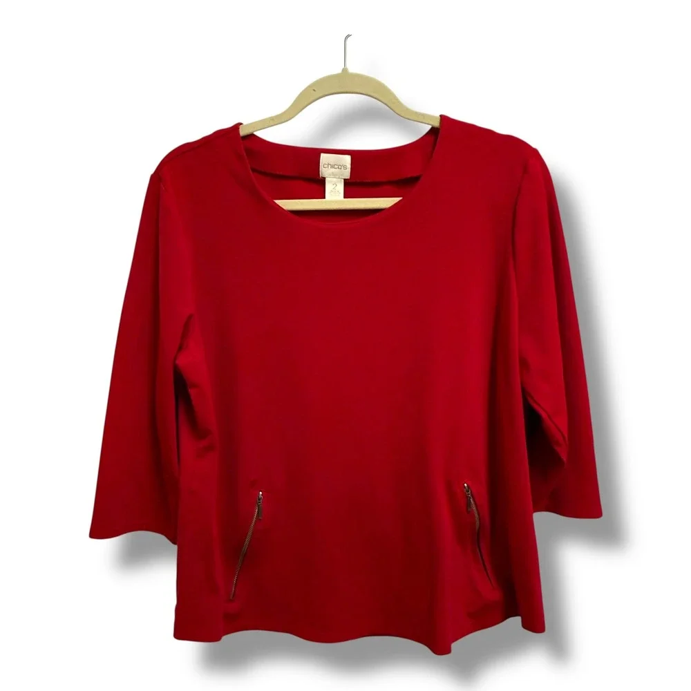 Chicos Womens Red 3/4 Sleeve Scoop Neck Knit Top Front‎ Zipper Pockets Size 2 L